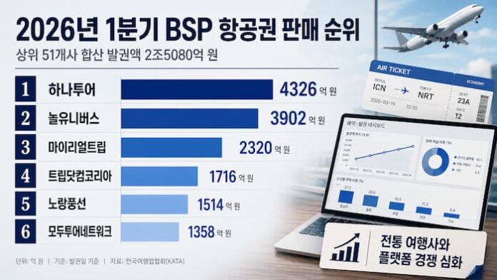 2026년 1분기 BSP 항공권 판매 순위와 여행 플랫폼 유통 변화를 보여주는 인포그래픽 이미지