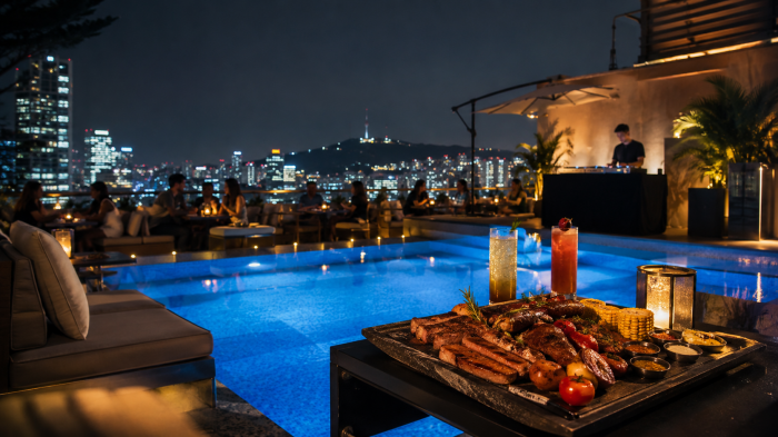 야간 루프탑 수영장 옆에서 BBQ 플래터와 라운지 조명이 어우러진 카바나 시티 분위기