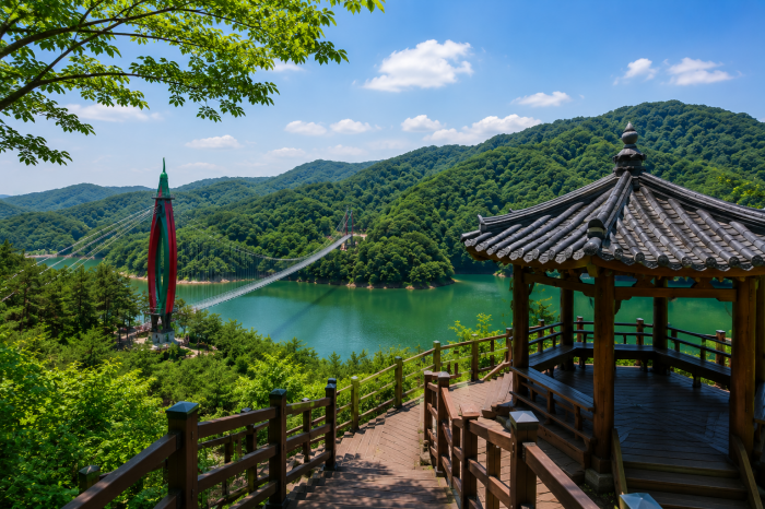 천장호 황룡정에서 바라본 출렁다리와 호수 풍경