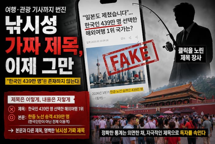 중국여행 가짜뉴스 논란과 낚시성 제목을 상징하는 미디어 비평 이미지