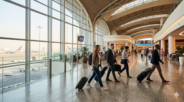 두바이 국제공항 환승 구역을 지나는 여행객들