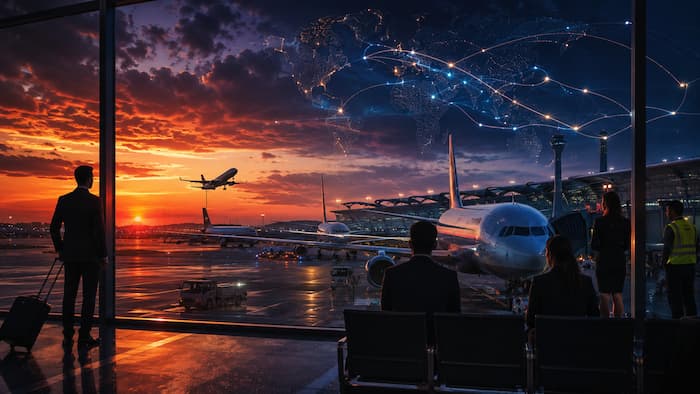 장거리 노선과 글로벌 항공 네트워크를 보여주는 공항 터미널 이미지