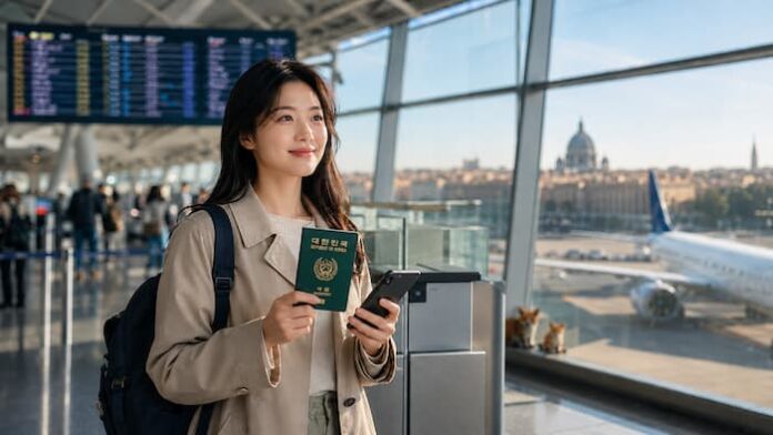 europe-visa-etias-korean-passport-airport 유럽 비자 2026 ETIAS 신청과 유럽 여행 준비를 위해 한국 여권을 들고 공항에 선 여행객