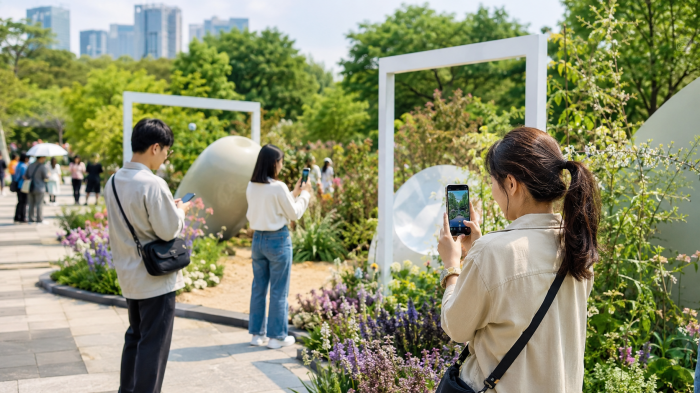 관람객이 서울숲 정원박람회 현장에서 스마트폰으로 보물찾기 프로그램에 참여하는 모습