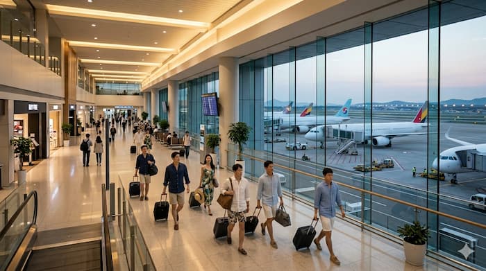 저녁 시간대 김해국제공항 국제선 출국장에서 여행객들이 탑승을 준비하는 모습