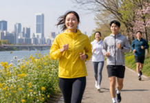 서울 도심 공원에서 꿀벌 보호 캠페인을 상징하는 러너가 봄 햇살 아래 달리고 있다.