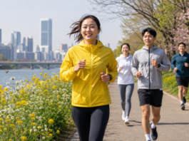 꿀벌런 2026, 달리기로 꿀벌을 지키는 기부 캠페인 열린다 서울 도심 공원에서 꿀벌 보호 캠페인을 상징하는 러너가 봄 햇살 아래 달리고 있다.
