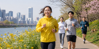 서울 도심 공원에서 꿀벌 보호 캠페인을 상징하는 러너가 봄 햇살 아래 달리고 있다.