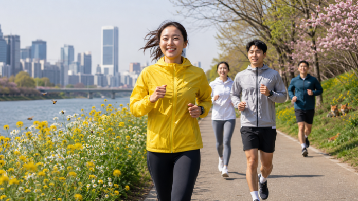 서울 도심 공원에서 꿀벌 보호 캠페인을 상징하는 러너가 봄 햇살 아래 달리고 있다.