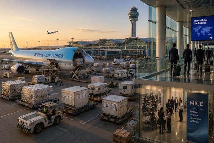 인천공항 화물터미널과 MICE 비즈니스 여행 수요를 함께 보여주는 항공산업 허브 이미지