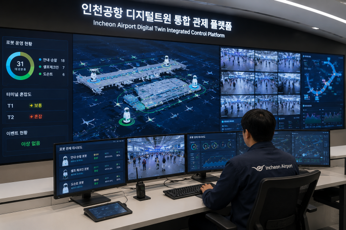 인천공항 로봇 서비스와 디지털트윈 통합 관제 플랫폼을 연상시키는 이미지