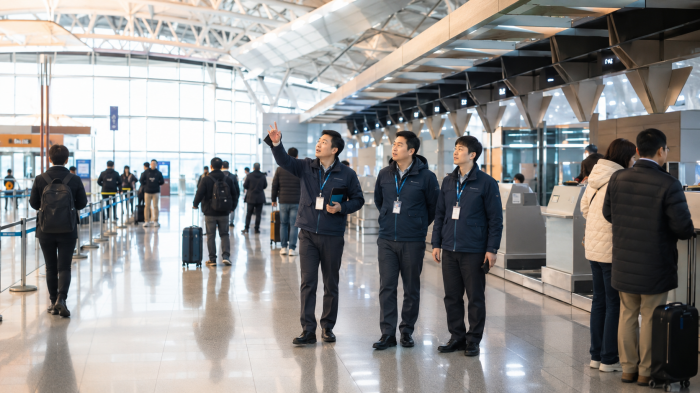 인천공항 제1여객터미널 동편 1층 국내선 체크인 카운터를 준비하는 모습