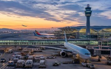 인천공항 활주로와 터미널, 항공기와 화물 운송이 함께 보이는 글로벌 허브공항 이미지