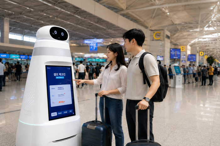 인천공항 자율주행 셀프체크인 로봇을 이용하는 여객 모습