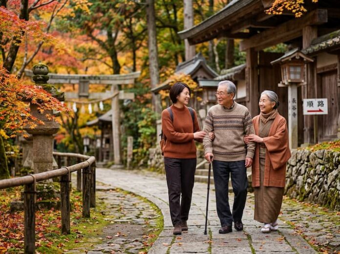 japan-filial-travel-parents-temple-walk 일본 효도여행 추천 코스로 부모님과 함께 전통 사찰 길을 천천히 걷는 가족 여행
