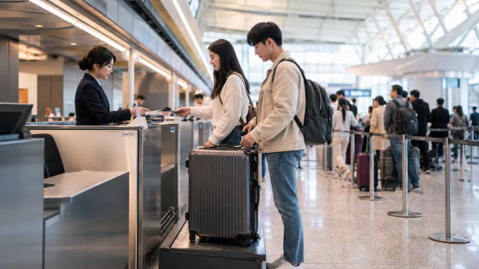 공항 체크인 카운터에서 여행객이 위탁 수하물을 맡기는 모습