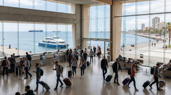 Passengers boarding a cruise ship at an East Asian port terminal with a nearby city and mountains in the background