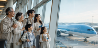 KLM 항공권 할인과 가족 유럽 여행을 상징하는 공항 출국 장면