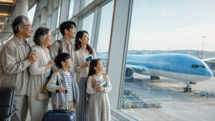 KLM 항공권 할인과 가족 유럽 여행을 상징하는 공항 출국 장면