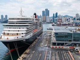 A large cruise ship docked at a modern Korean port terminal with a city skyline and harbor facilities in the background
