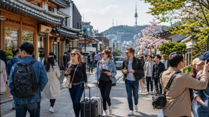 korea-inbound-tourism-record-2026-april 2026년 4월 방한 외국인 관광객 증가와 한국 관광 회복세를 보여주는 서울 도심 관광 이미지