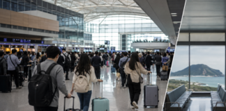 관광수지 적자 14조원 경고, 한국 관광은 왜 국내 반값 평가를 받나 공항 출국장과 국내 관광지를 대비해 한국 관광수지 적자를 상징한 편집 이미지