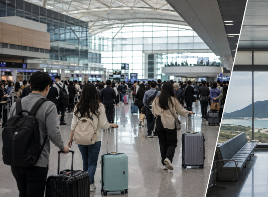 관광수지 적자 14조원 경고, 한국 관광은 왜 국내 반값 평가를 받나 공항 출국장과 국내 관광지를 대비해 한국 관광수지 적자를 상징한 편집 이미지