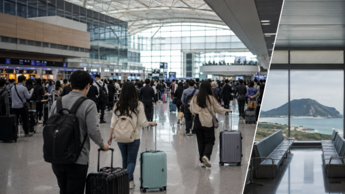 공항 출국장과 국내 관광지를 대비해 한국 관광수지 적자를 상징한 편집 이미지