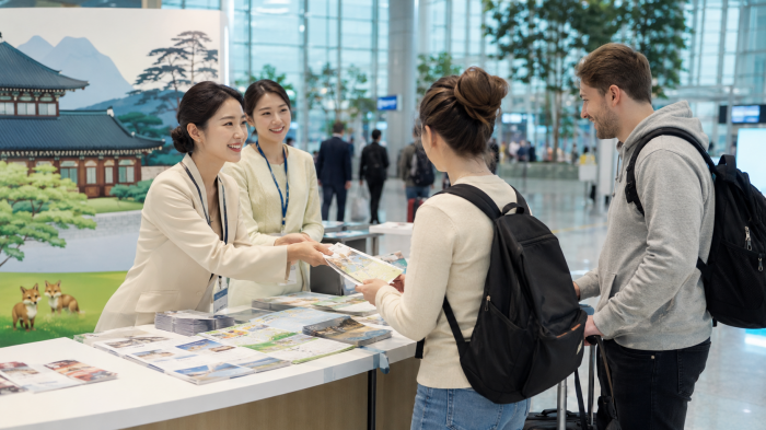 한국 공항 환대 부스에서 외국인 관광객에게 여행 정보를 안내하는 모습