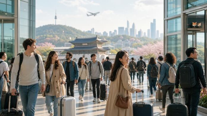 2026년 3월 방한 외래관광객 205만명 돌파를 상징하는 한국 입국장과 서울 관광 이미지
