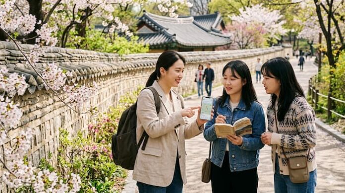 국가유산 여행지를 찾는 여행객과 숙박 할인 혜택을 상징하는 국내여행 이미지