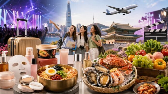 korean-wave-export-effect-k-food-beauty-tourism-hero 한류 수출 효과가 K-푸드 K-뷰티 방한관광 성장으로 이어지는 모습을 표현한 여행레저신문 대표 이미지