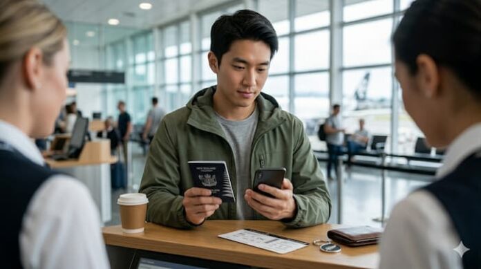 뉴질랜드 여행 전 공항에서 여권과 NZeTA 신청 정보를 확인하는 여행자