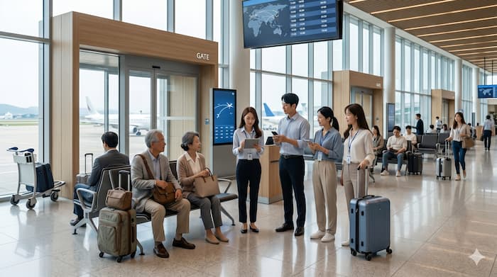 지방공항 터미널에서 국제선 환승을 기다리는 승객들