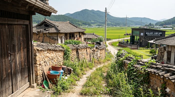 수리가 멈춘 농촌 빈집과 그 주변에 자란 잡초, 뒤쪽으로 보이는 숙박시설 풍경