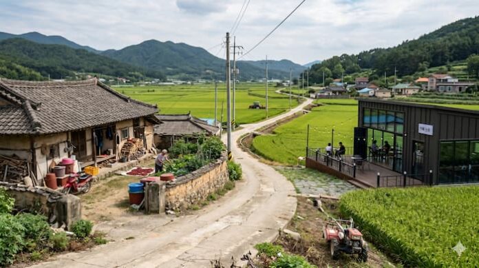 논밭이 보이는 농촌 마을 길 옆에 현대식 카페와 오래된 주택이 함께 서 있는 풍경