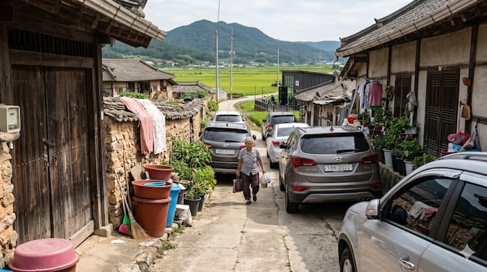 좁은 농촌 마을 골목에 외지 차량이 주차되어 있고 주민이 길을 지나가는 장면