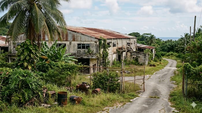 Abandoned garment factory area in Saipan symbolizing the collapse of the island’s former apparel industry