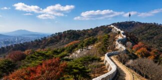 The Seoul City Wall winds along a mountain ridge with autumn trees and N Seoul Tower in the distance