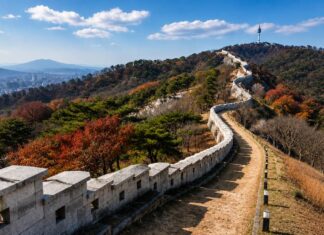 The Seoul City Wall winds along a mountain ridge with autumn trees and N Seoul Tower in the distance