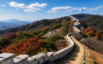 The Seoul City Wall winds along a mountain ridge with autumn trees and N Seoul Tower in the distance