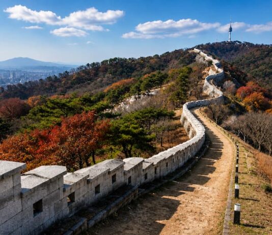 The Seoul City Wall winds along a mountain ridge with autumn trees and N Seoul Tower in the distance