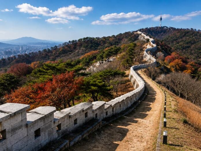 seoul-city-wall-hanyangdoseong-ridge-namsan-view The Seoul City Wall winds along a mountain ridge with autumn trees and N Seoul Tower in the distance