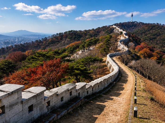 한양도성 성벽 옆으로 이어지는 돌계단과 오르막길