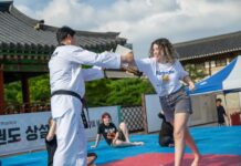 서울시 태권도공연, 남산골한옥마을·DDP에서 10월까지…K-컬처 체험관광으로 확대 서울시 태권도공연에서 외국인 관광객이 태권도 체험을 하는 모습