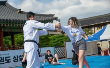 서울시 태권도공연, 남산골한옥마을·DDP에서 10월까지…K-컬처 체험관광으로 확대 서울시 태권도공연에서 외국인 관광객이 태권도 체험을 하는 모습