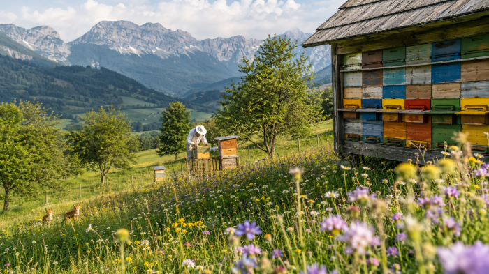 슬로베니아의 초록 언덕과 전통 벌통 주변에서 꿀벌이 날고 있다.
