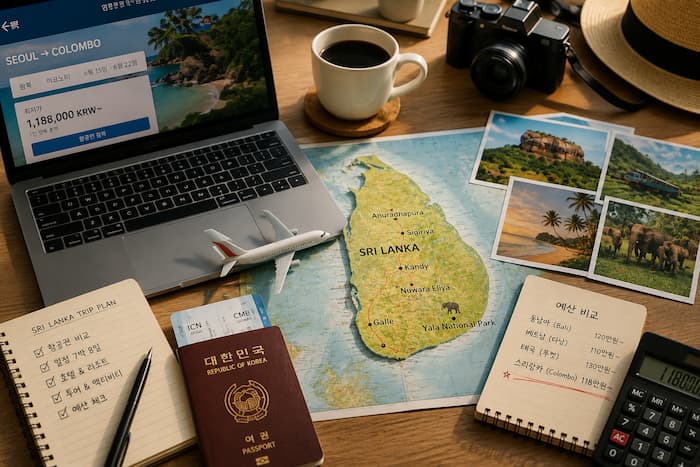 Travel planning desk comparing the cost of a Seoul to Colombo trip with other Asian destinations