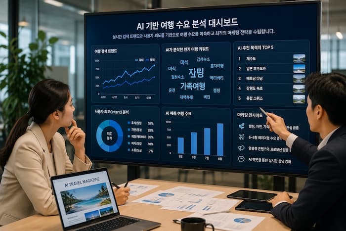 관광 마케팅 담당자들이 데이터 화면을 보며 여행 수요를 분석하는 모습