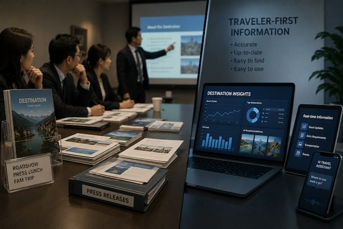 Traditional tourism promotion methods contrasted with digital traveler-first information systems